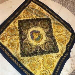 Yellow and Navy Decorative pleaded scarf Floral Medallion